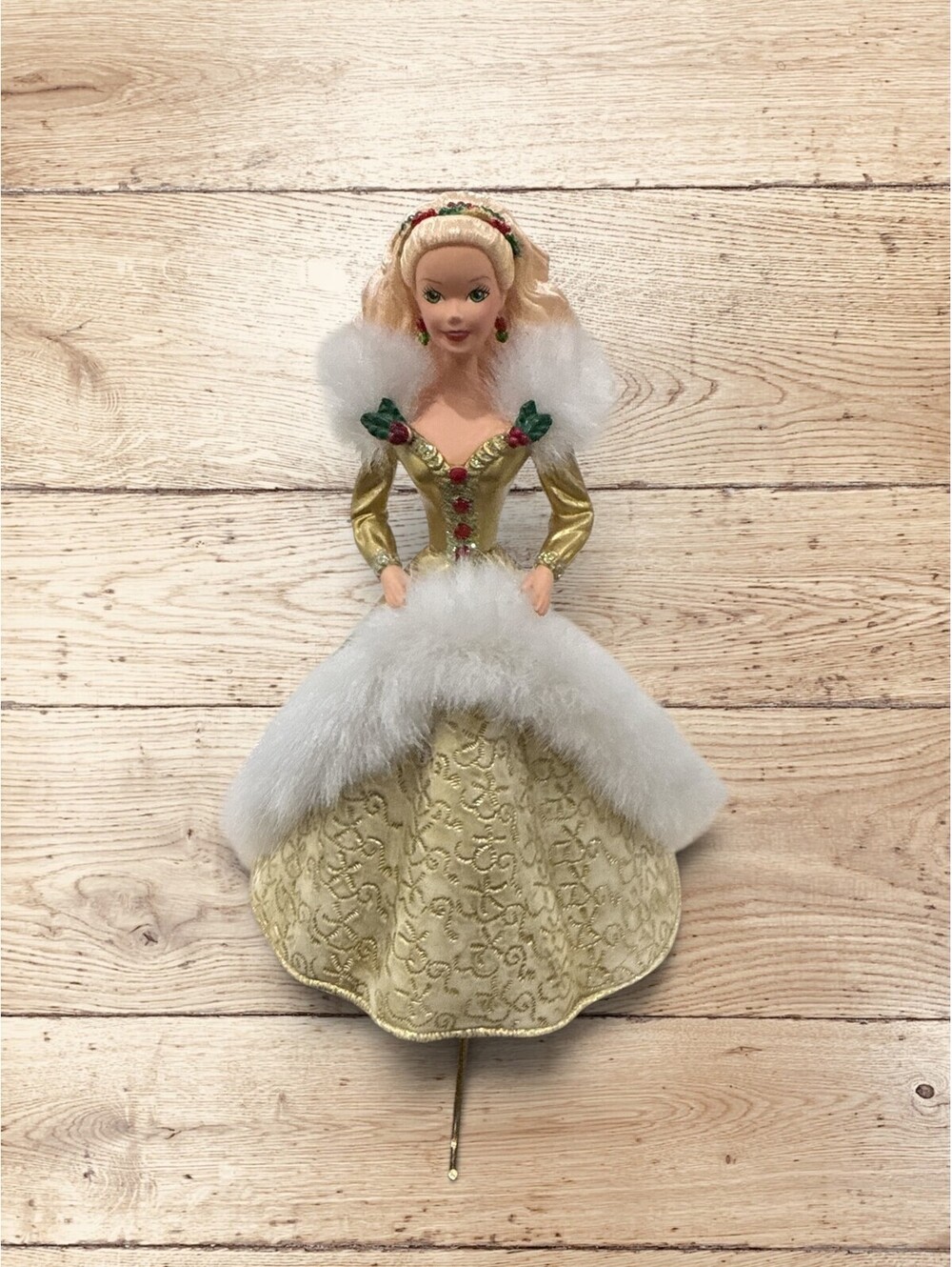 1995 Hallmark Holiday Barbie Stocking Hanger Vintage Gold White Fur Christmas
